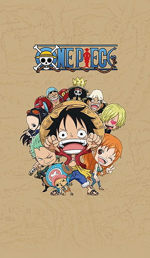 One Piece Straw Hat Crew Chibi Group Portrait on Vintage Map Background HD phone wallpaper
