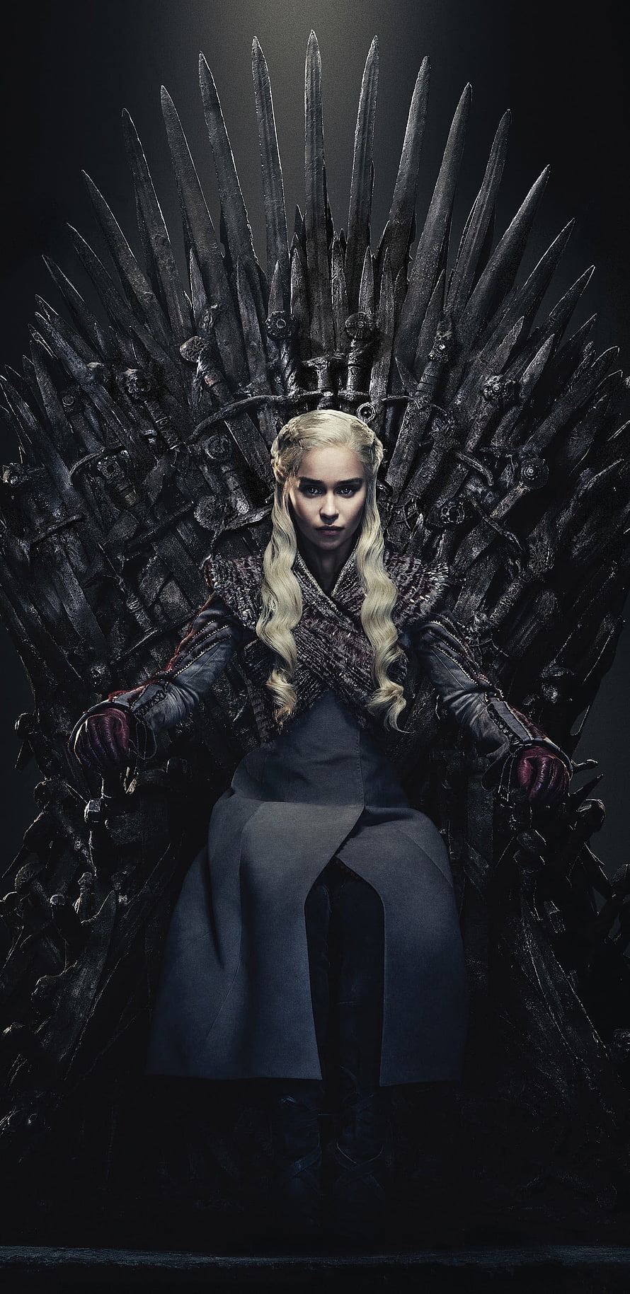 Daenerys Targaryen Seated on the Iron Throne in Dark Fantasy Setting HD phone wallpaper