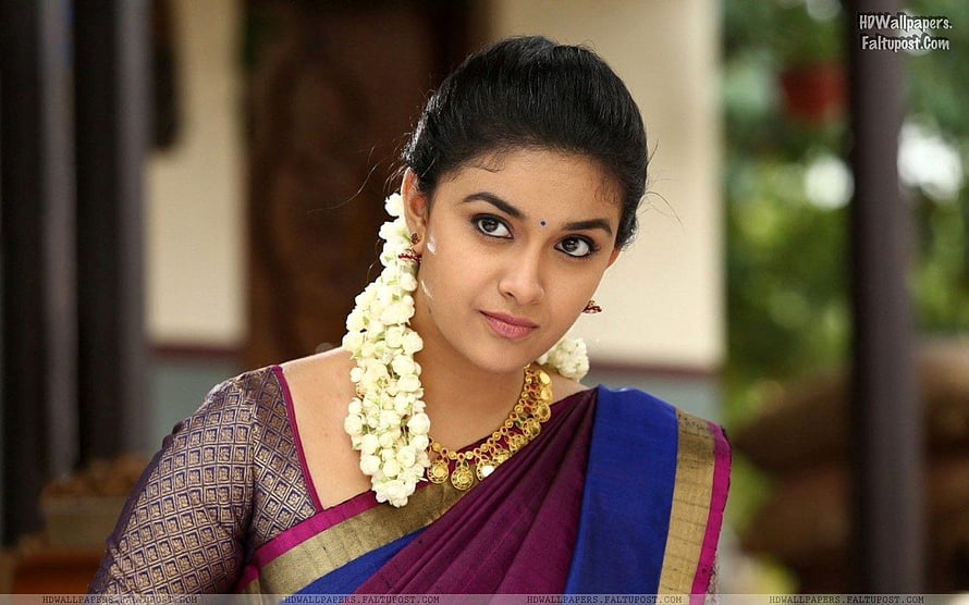 Keerthi Suresh in Traditional Saree with Jasmine Garland and Gold Jewelry HD wallpaper