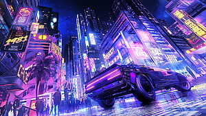 Neon-lit Cyberpunk Cityscape with Futuristic Car and Japanese Signage HD wallpaper