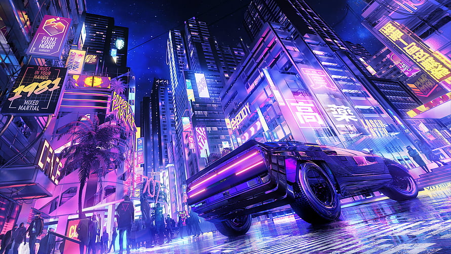 Neon-lit Cyberpunk Cityscape with Futuristic Car and Japanese Signage HD wallpaper
