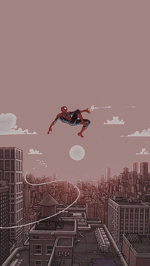 Spider-Man swinging through a muted pink cityscape with a full moon and comic book style web trail HD phone wallpaper