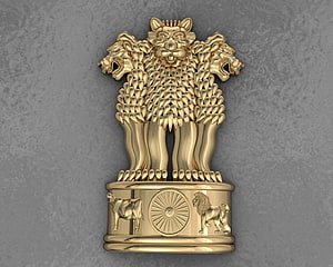 Golden Ashoka Pillar Lion Capital Sculpture with Dharma Wheel and Animal Motifs HD wallpaper