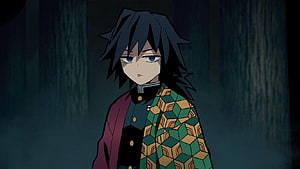Giyuu Tomioka in Demon Slayer Uniform Standing in a Dark Forest HD wallpaper