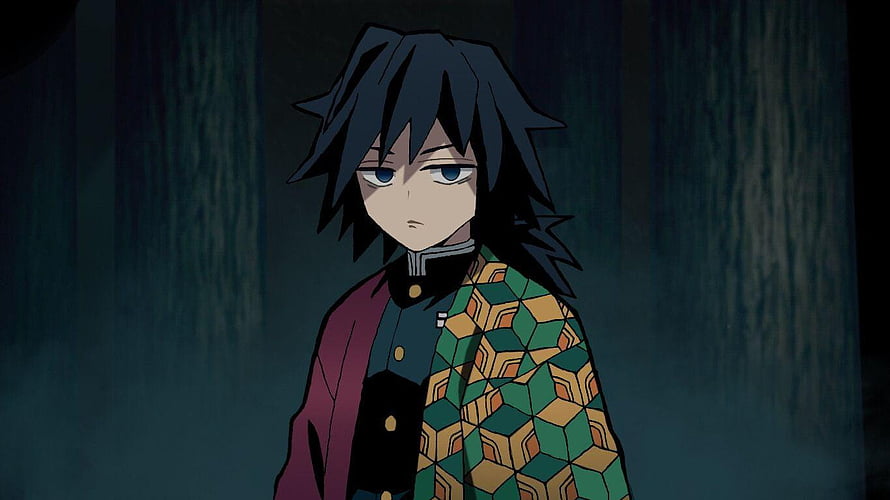 Giyuu Tomioka in Demon Slayer Uniform Standing in a Dark Forest HD wallpaper