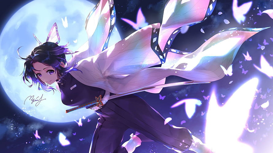 Shinobu Kocho from Demon Slayer in a dynamic pose with butterfly wings and a glowing moon backdrop HD wallpaper