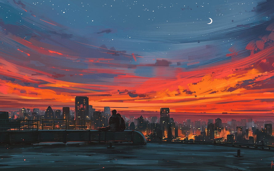 Anime Couple Relaxing on Rooftop at Sunset with City Skyline and Starry Night Sky HD wallpaper