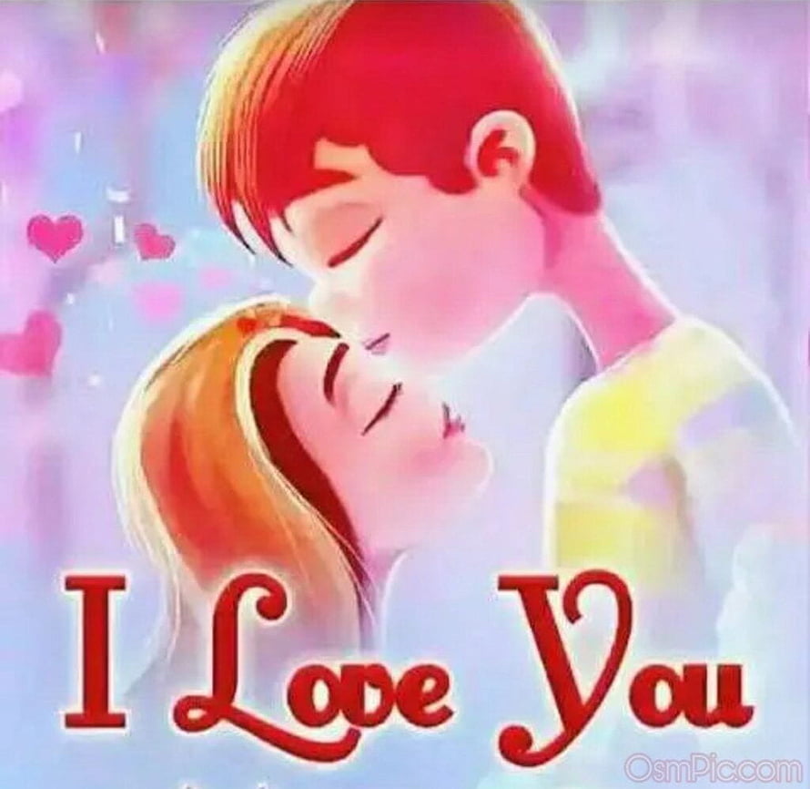 Romantic Couple Kissing Illustration With I Love You Text And Floating Hearts HD wallpaper