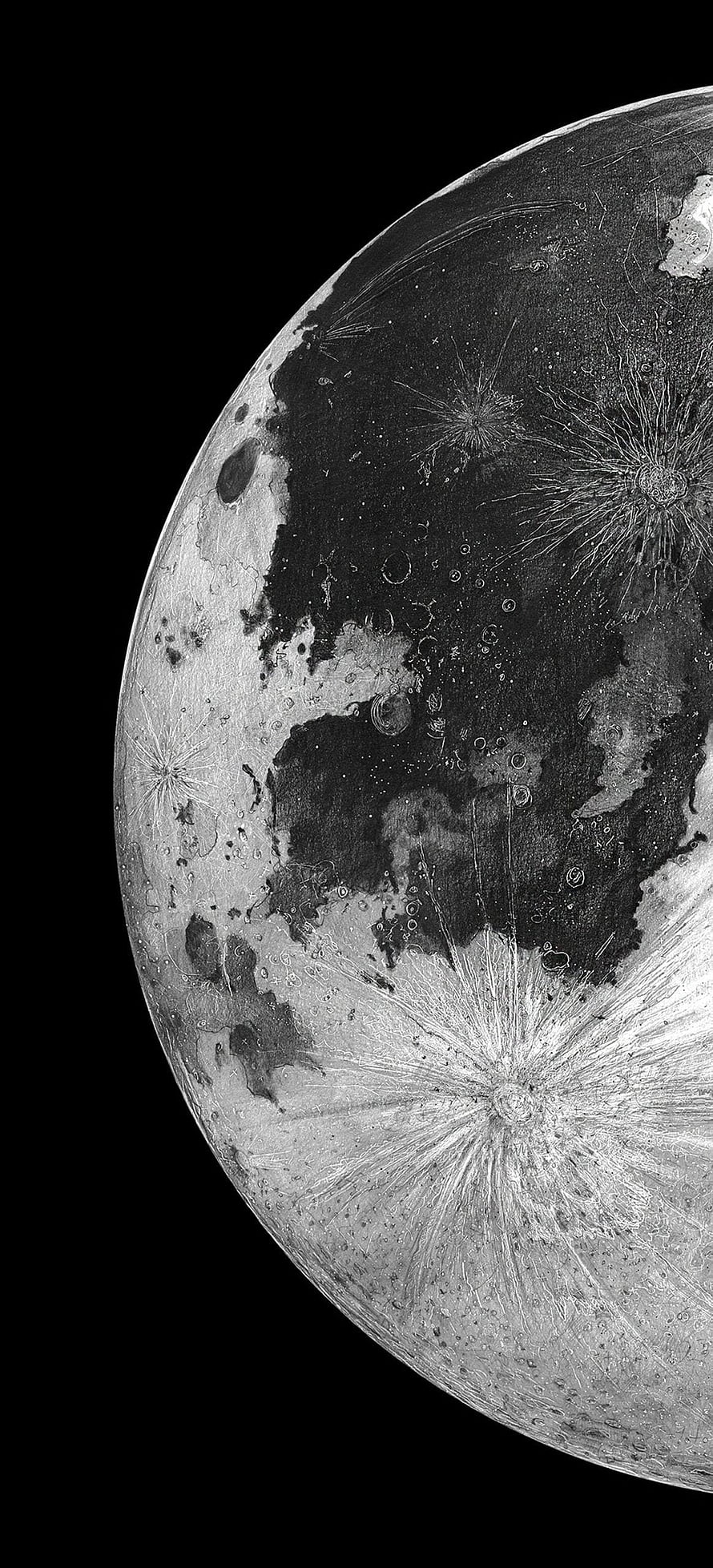 Detailed Close-Up of the Moon's Cratered Surface and Dark Mare Regions in Black and White HD phone wallpaper