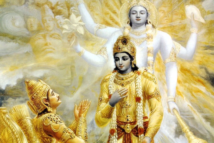 Krishna Mahabharat Divine Painting with Golden Ornamentation and Celestial Figures HD wallpaper