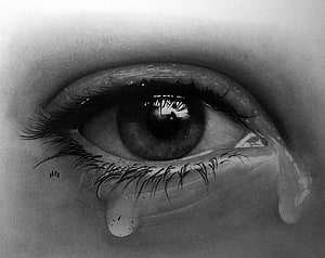 Hyperrealistic Black and White Drawing of a Crying Human Eye with Tears HD wallpaper