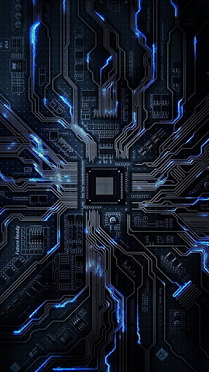 Glowing Blue Circuit Board Technology Background with Central Processor Chip HD phone wallpaper