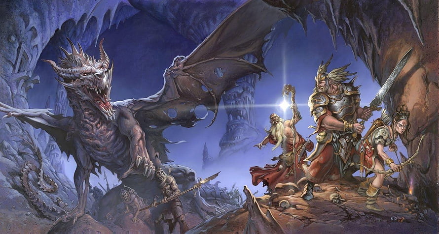 Dungeons & Dragons Fantasy Battle Scene With Dragon And Adventurers HD wallpaper
