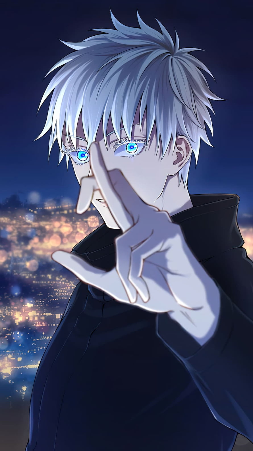 Gojo Satoru from Jujutsu Kaisen Making a Shushing Gesture Against a Night City Skyline HD phone wallpaper