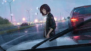 Anime Girl Standing in Rainy Street at Dusk Viewed Through Car Windshield HD wallpaper