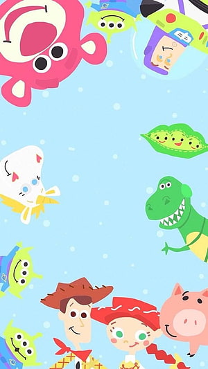 Cute Toy Story Characters on Light Blue Background with Lotso and Woody HD phone wallpaper