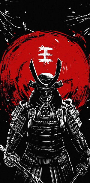 Black and White Samurai Warrior Illustration with Red Sun Background HD phone wallpaper