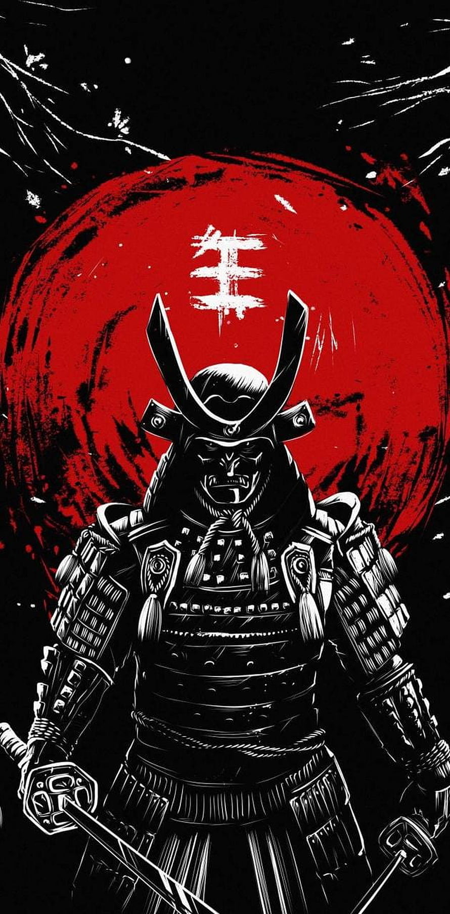 Black and White Samurai Warrior Illustration with Red Sun Background HD phone wallpaper