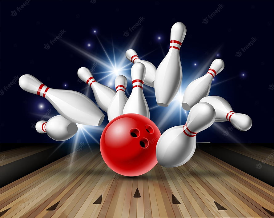Dynamic Ten Pin Bowling Strike With Red Ball And Scattered Pins On Wooden Lane HD wallpaper