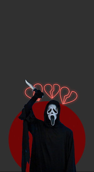 Ghostface from Scream holding a knife with neon broken hearts and a red circle backdrop HD phone wallpaper