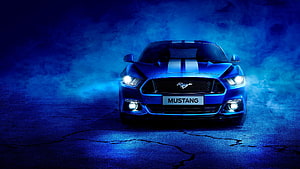 Ford Mustang GT Front View in Blue Smoke with Racing Stripes and Headlights HD wallpaper