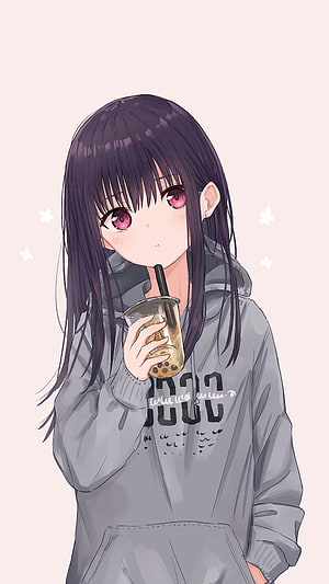 Anime Girl with Long Dark Hair Sipping Bubble Tea in a Grey Hoodie HD phone wallpaper