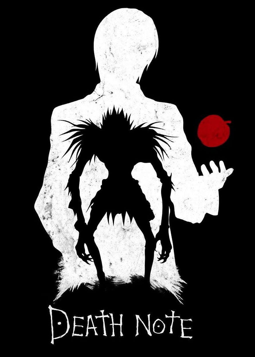 Death Note Minimalist Silhouette Poster with Shinigami and Red Apple HD phone wallpaper