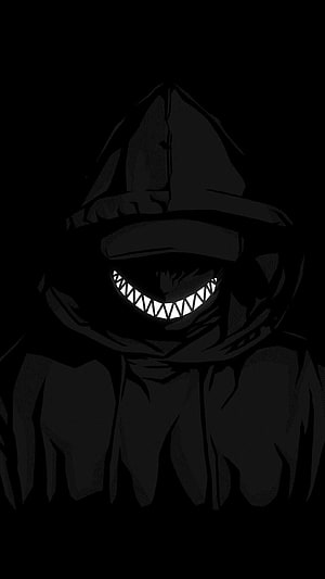 Menacing Hooded Figure with Glowing Grin in Dark Anime Style HD phone wallpaper