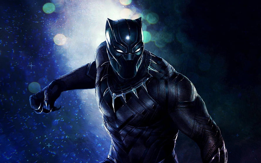 Black Panther in Dark Vibranium Suit with Glowing Eyes and Dramatic Blue Bokeh Background HD wallpaper