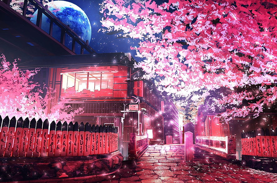 Neon Japanese Street at Night with Glowing Cherry Blossoms and Red Lanterns HD wallpaper