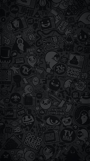 Dark Monochrome Doodle Pattern with Cartoon Characters and Retro TV Motifs HD phone wallpaper