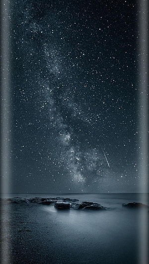 Milky Way Galaxy Over Dark Ocean Shore With Shooting Star Night Sky HD phone wallpaper