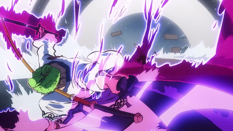 Roronoa Zoro Wielding Three Swords in a Purple Energy Clash HD wallpaper