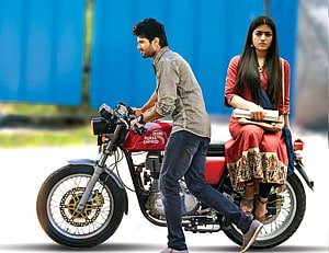 Geetha Govindam Movie Still Featuring Couple on Red Royal Enfield Motorcycle HD wallpaper