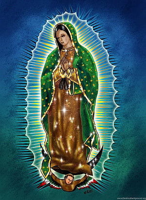 Virgin of Guadalupe Religious Art with Radiant Halo and Angel HD phone wallpaper