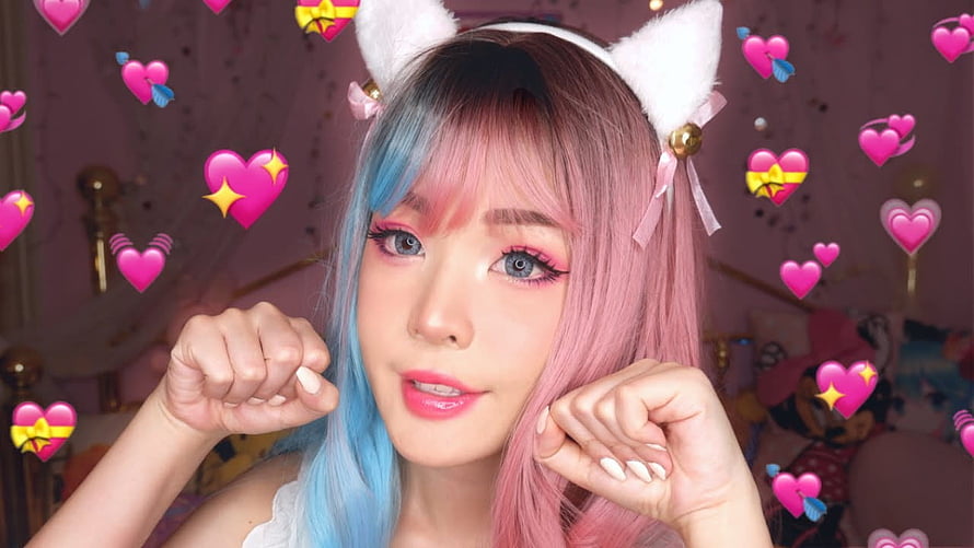 Cute Girl With Pastel Pink And Blue Hair Wearing White Cat Ears And Heart Emojis HD wallpaper