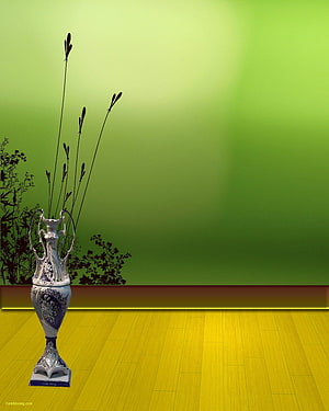 Elegant Decorative Vase with Tall Stems on Yellow Floor Against Green Gradient Wall HD phone wallpaper