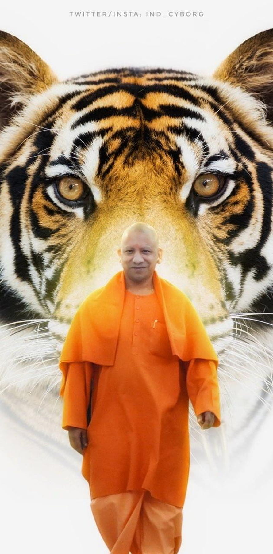 Yogi Adityanath in orange robes standing before a large tiger face portrait HD phone wallpaper