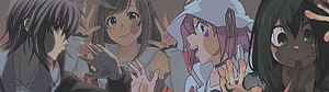 Four Anime Girls Pressing Hands Against Glass in a Muted, Atmospheric Scene HD wallpaper