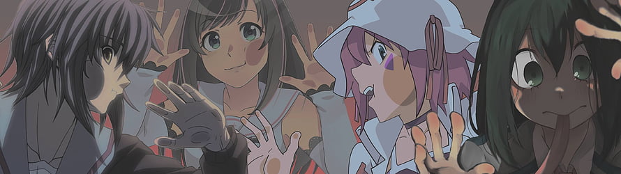 Four Anime Girls Pressing Hands Against Glass in a Muted, Atmospheric Scene HD wallpaper