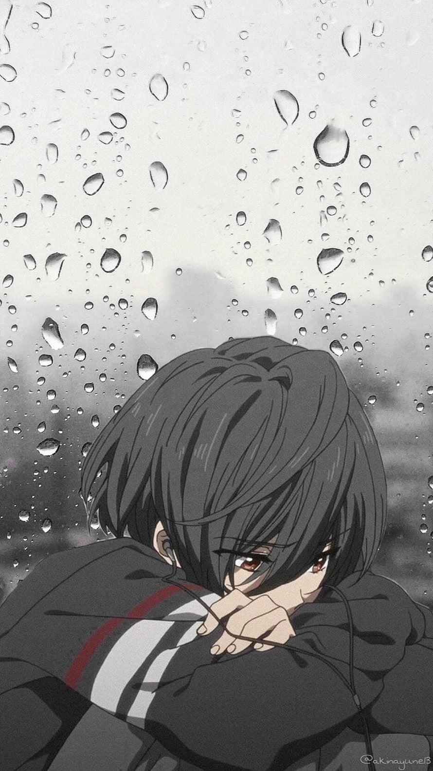 Melancholic Anime Boy Hugging His Knees Behind a Rain-Streaked Window HD phone wallpaper
