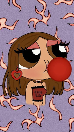 Baddie Style Powerpuff Girls Cartoon Girl Blowing Bubblegum with Flame Background HD phone wallpaper