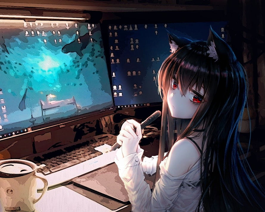 Anime Girl with Cat Ears Working at a Digital Art Station with Dual Monitors HD wallpaper
