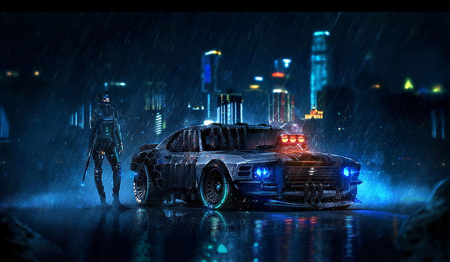 Ford Mustang GT in a Cyberpunk Rainstorm with Armored Figure and Neon City Skyline HD wallpaper