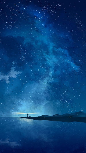 Serene Anime Night Sky with Lighthouse and Starry Ocean Reflection HD phone wallpaper