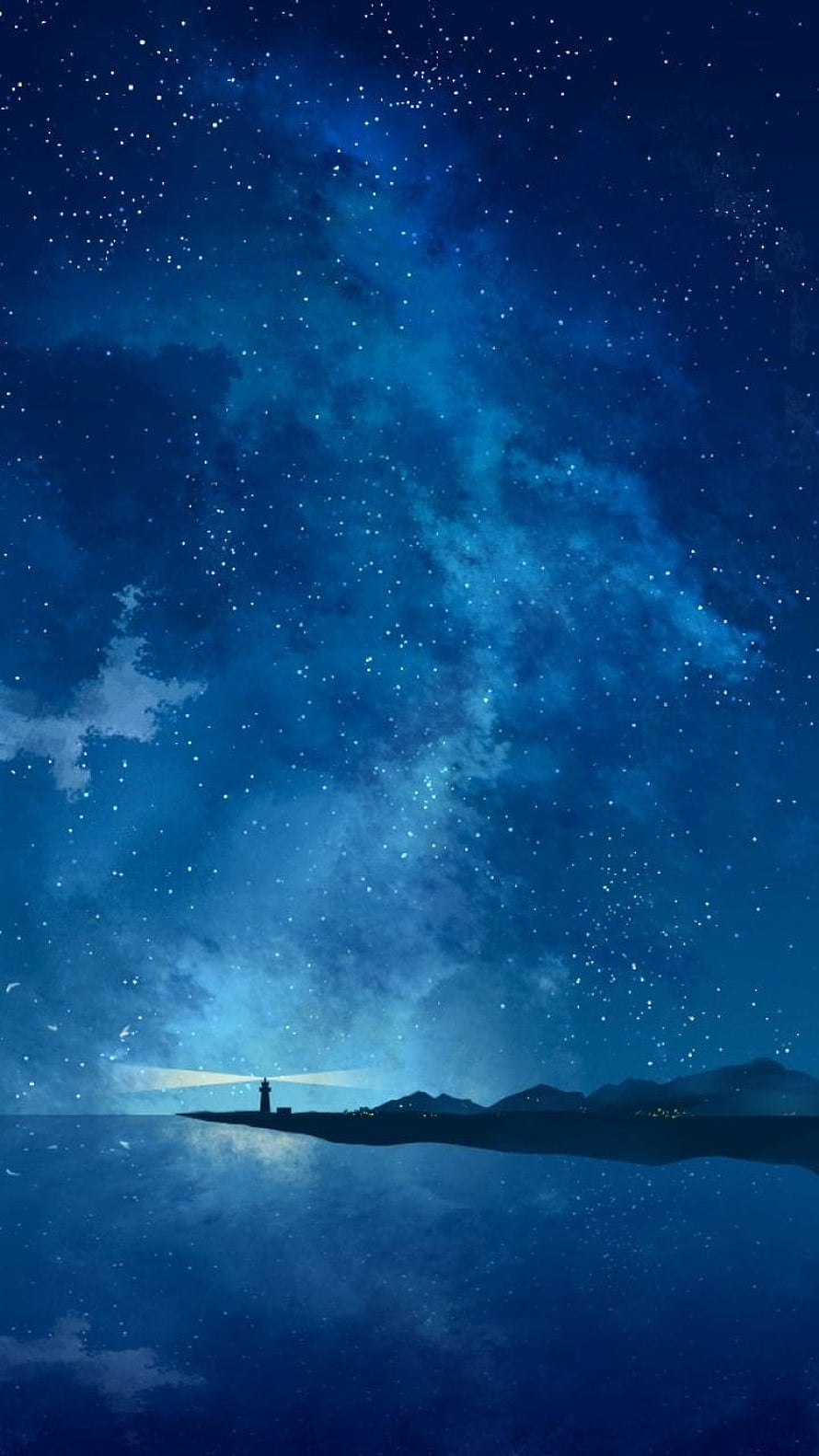 Serene Anime Night Sky with Lighthouse and Starry Ocean Reflection HD phone wallpaper