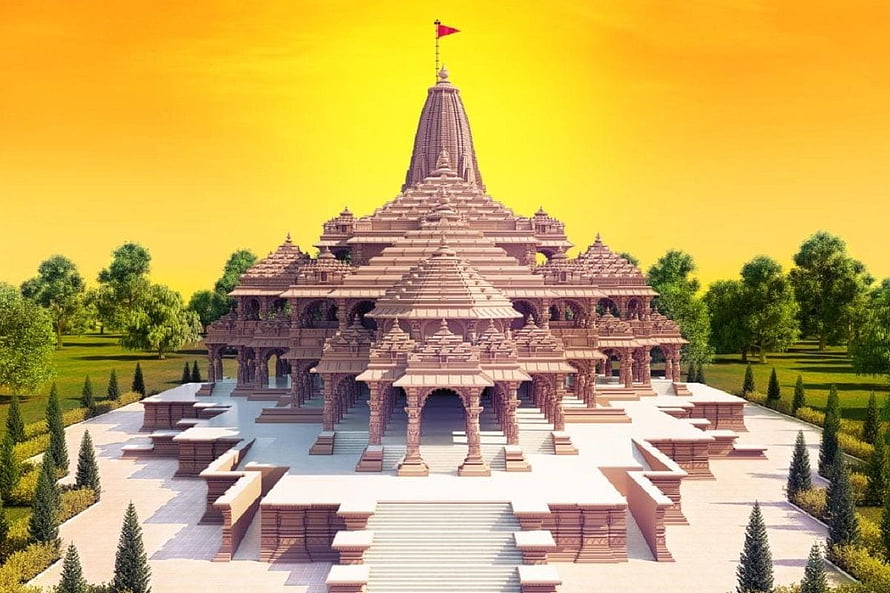 Grand Ram Mandir Temple Architecture in Ayodhya with Golden Sky and Lush Gardens HD wallpaper