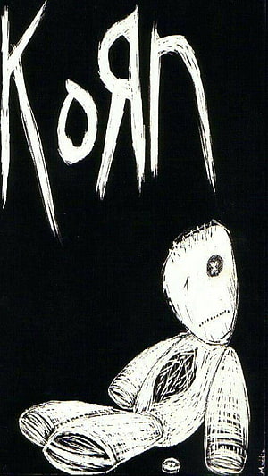 Korn Band Logo with Creepy Doll Illustration on Black Background HD phone wallpaper