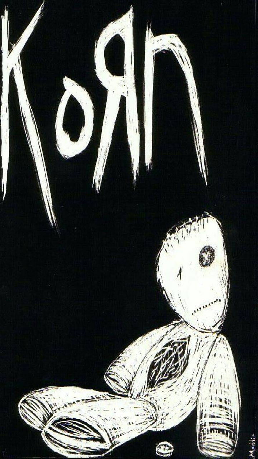 Korn Band Logo with Creepy Doll Illustration on Black Background HD phone wallpaper