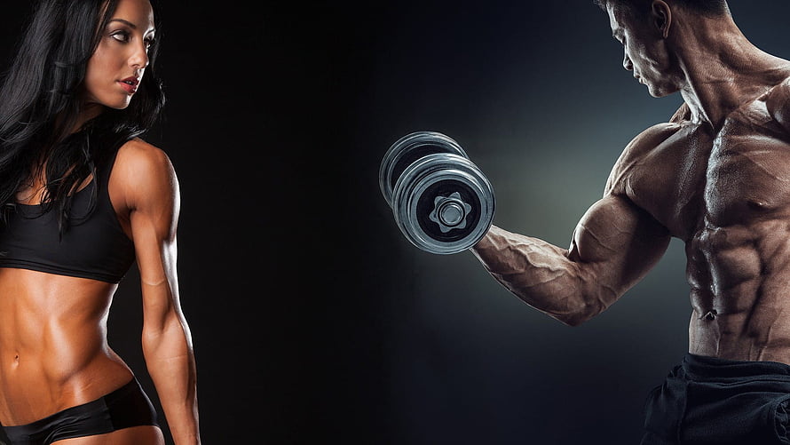 Muscular Man Lifting Dumbbell and Fit Woman in Dark Gym Setting HD wallpaper